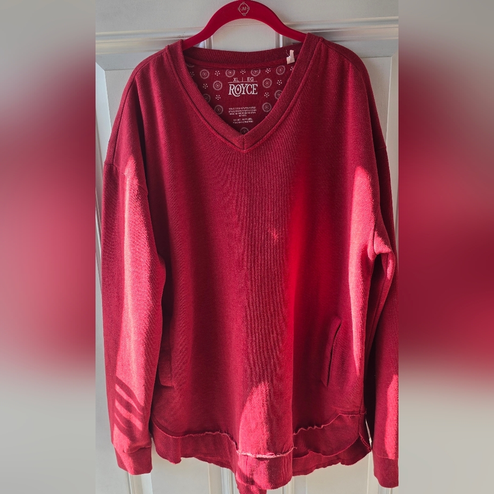 Crimson Red Boho Sweatshirt XL Oversized V-Neck Raw Hem Distressed Pullover
